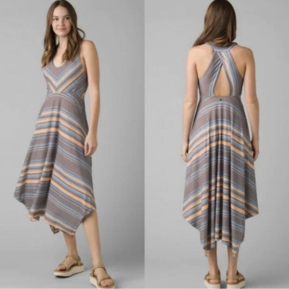 Prana Gray Striped Handkerchief Midi Dress